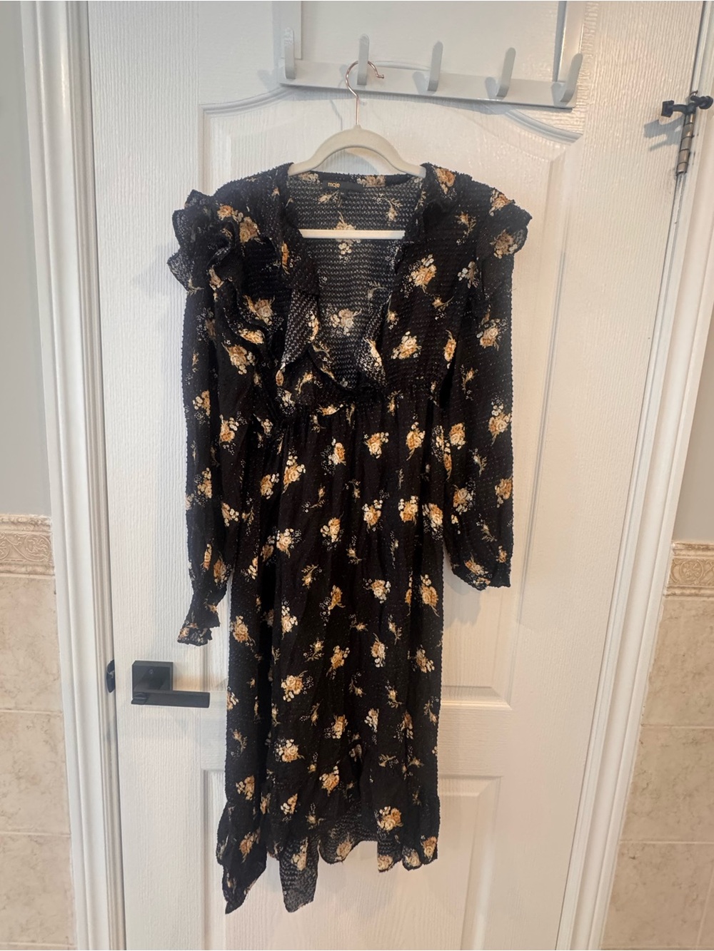 Maje Black Midi Dress with Yellow Floral Print